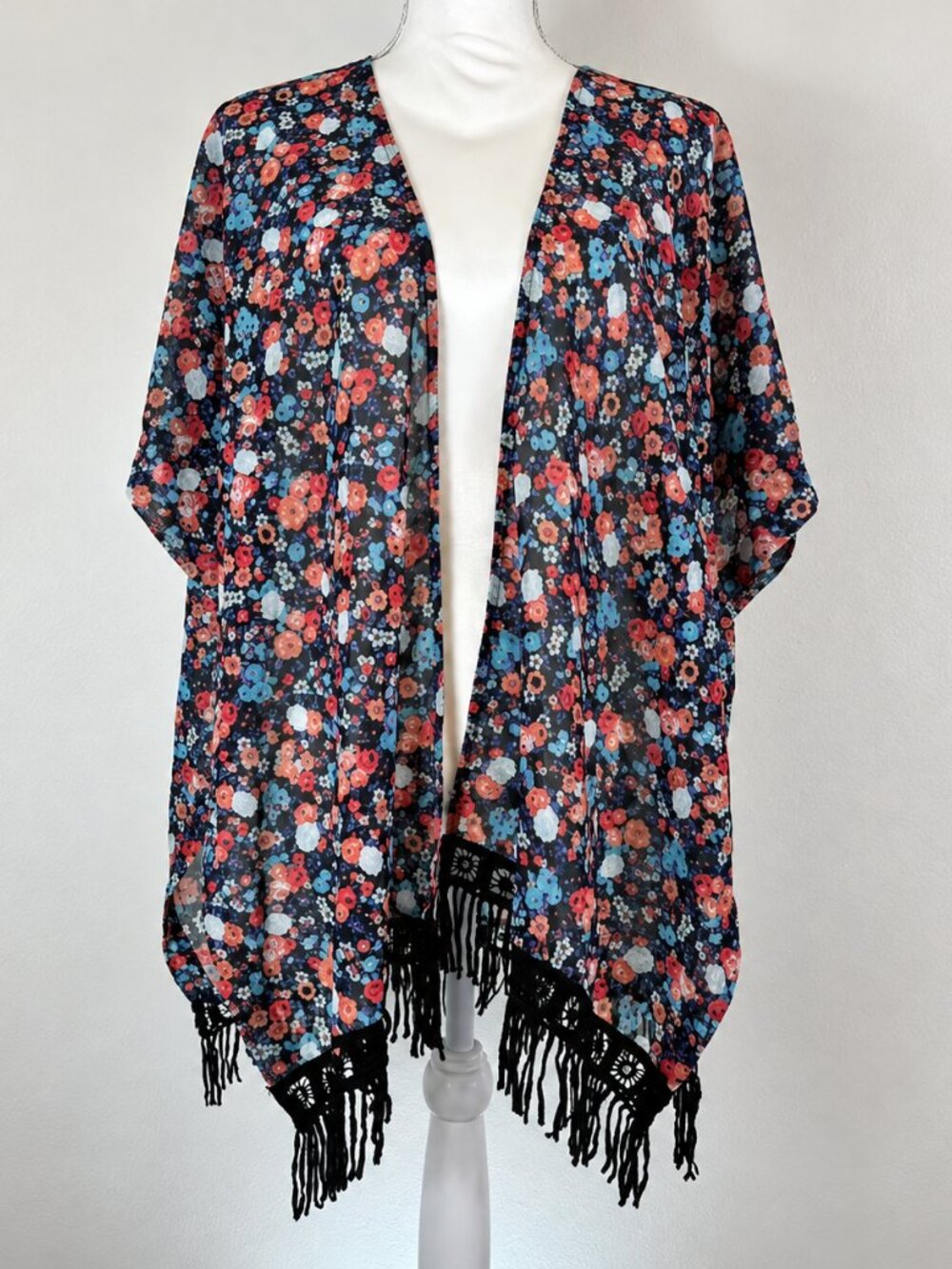Bobeau Floral Kimono Fringe Crochet Boho Cover Up Large
